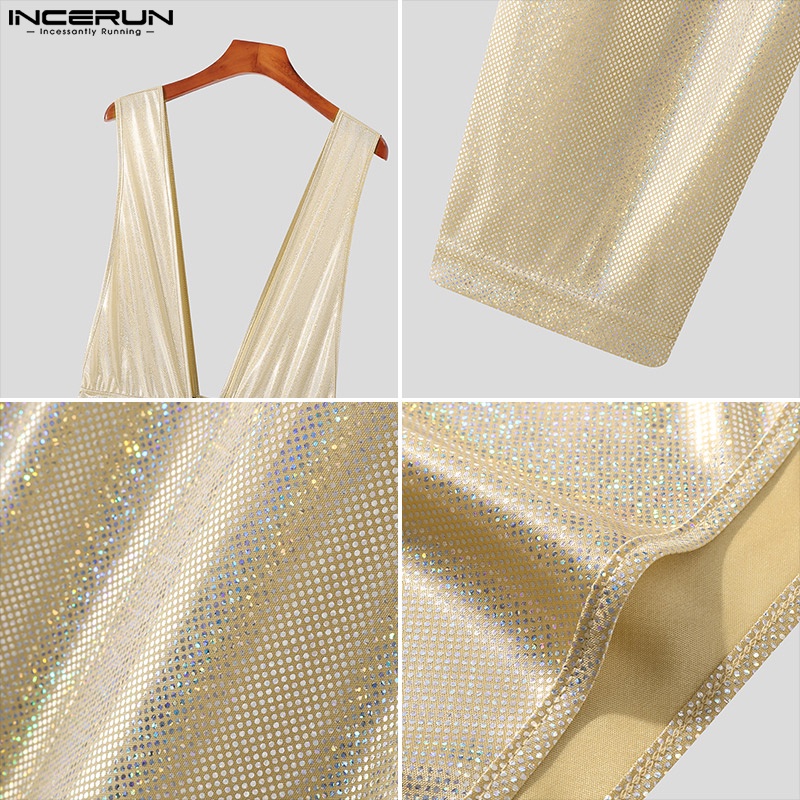 INCERUN Áo Liền Quần Cổ Chữ V Khoét Sâu Đính Kim Sa Lấp Lánh Thời Trang Cho Nam