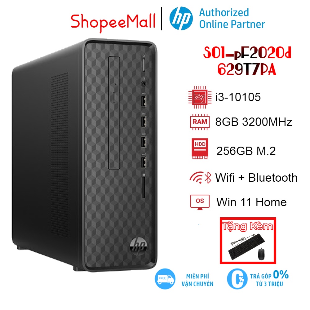 Máy tính để bàn PC HP S01-pF2020d 629T7PA i3-10105| 8GB| 256GB| OB| DVD| Wifi,BT