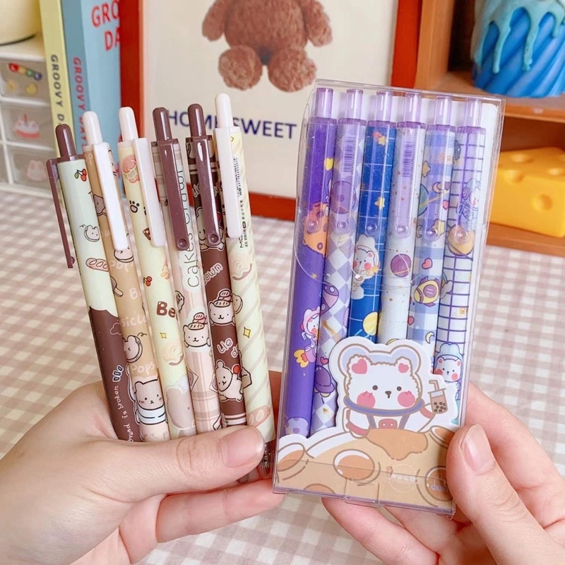 Set 6 Bút Bi Bấm Mực Gel Ngòi 0.5mm Họa Tiết Hoạt Hình Xinh Xắn Đáng Yêu