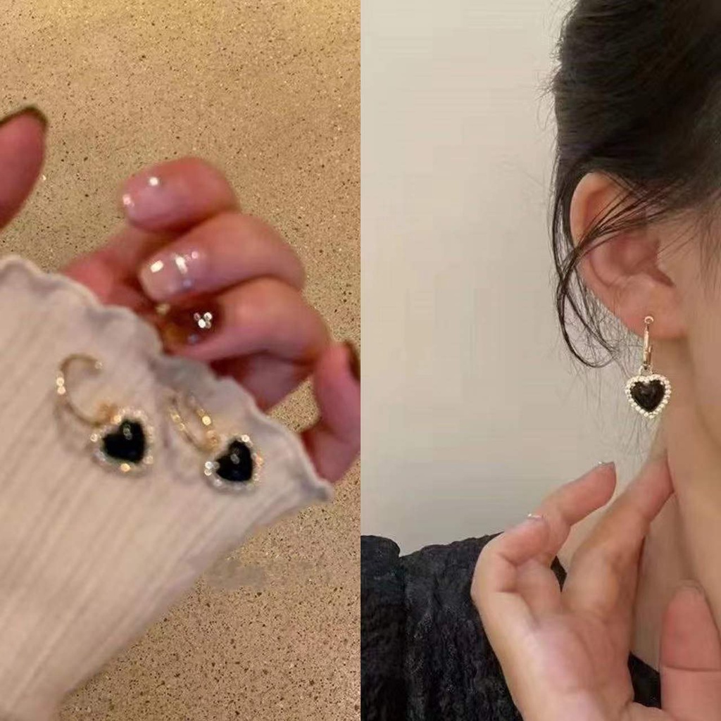 iF YOU Bộ Vòng cổ Và Khuyên Tai Hình Trái Tim Màu Đen Phong Cách Hàn Quốc Cho Nữ