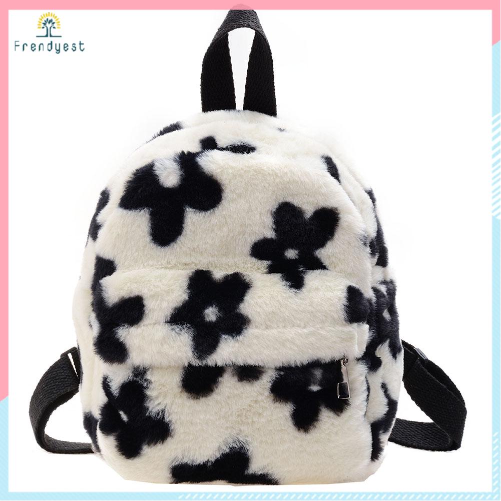 Preppy Style Women Flowers Printing Plush Backpack Casual Small Knapsack