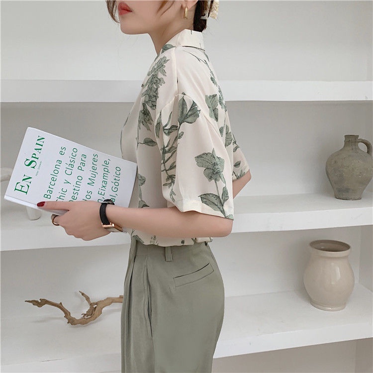 Áo Sơ Mi Chiffon Tay Ngắn Dáng Rộng In Họa Tiết Tranh Sơn Dầu Kiểu Hồng Kông Mới Cho Nữ