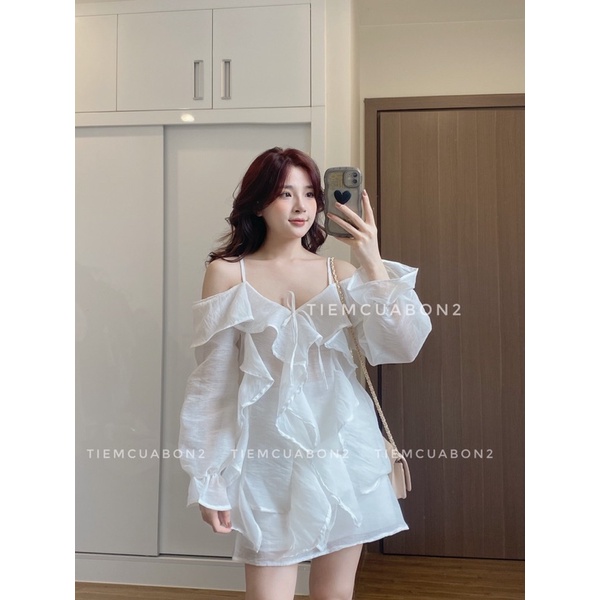 Set trễ vai bèo sóng dài tay chân váy đũi