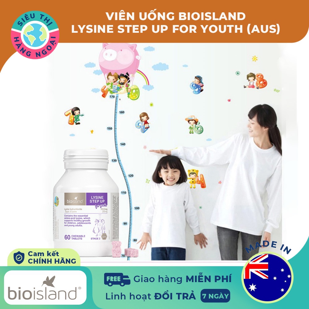 Viên nhai Hỗ trợ Tăng chiều cao cho bé Úc Bio Island Lysine Step Up for Youth 60 viên