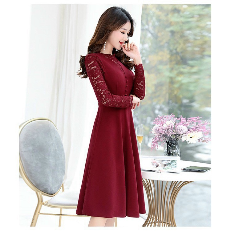 Đầm váy nữ trung niên dự tiệc dạo phố dài tay phối ren màu đen đỏ lịch lãm