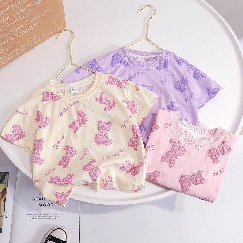 Áo Thun Tay Ngắn Cổ Tròn In Hình Gấu Dáng Rộng Thời Trang Mùa Hè Hàn Quốc Hàng Mới Dành Cho Bé Gái 2023