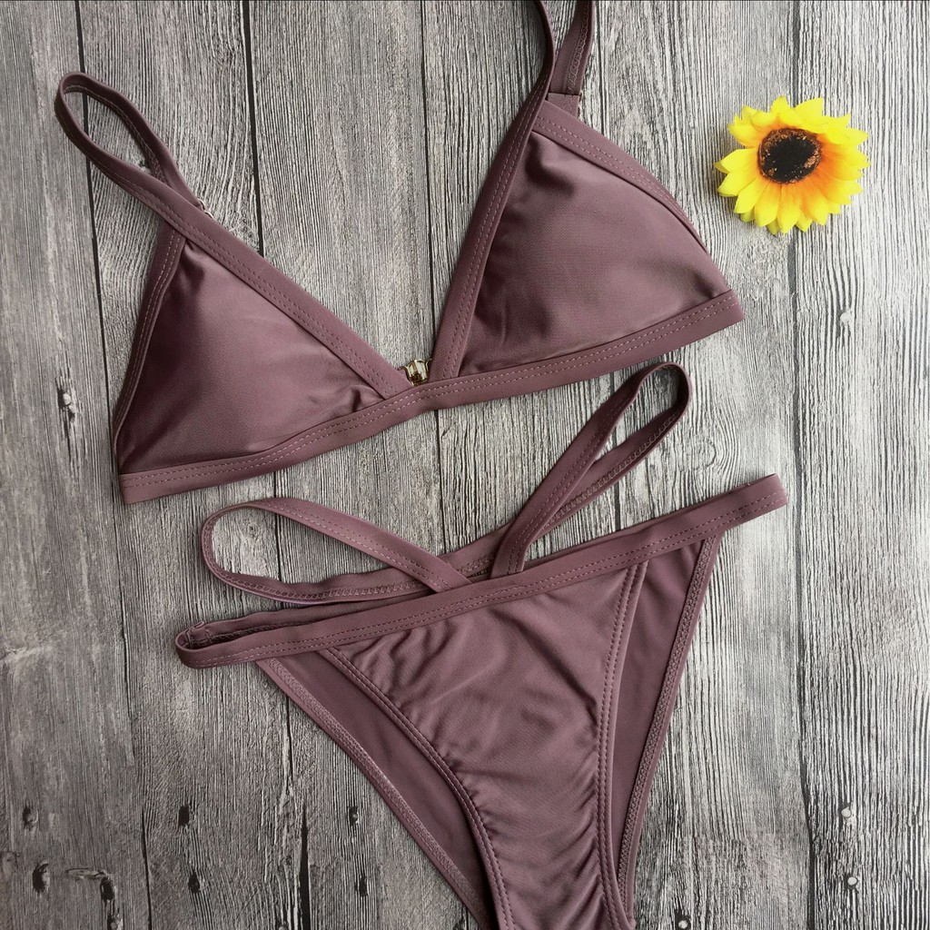 Bikini có đệm nâng ngực thiết kế phối dây chất liệu sợi polyamide màu đỏ rượu | WebRaoVat - webraovat.net.vn