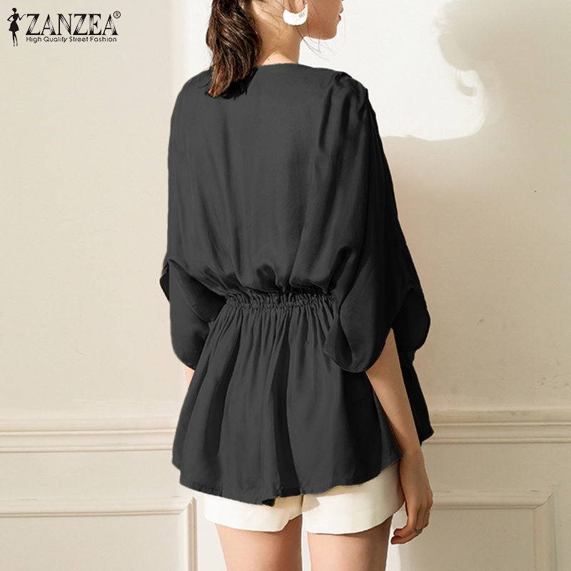 Áo kiểu ZANZEA tay cánh dơi cổ thuyền eo thun màu trơn thời trang dành cho nữ