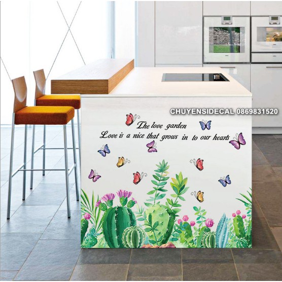 Decal dán tường - Chân tường Lá Cỏ bướm hoa kèm chữ mới