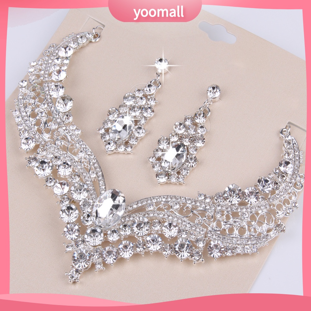 Bộ Vòng cổ + Bông Tai Đính Đá Sáng Bóng Cho Cô Dâu