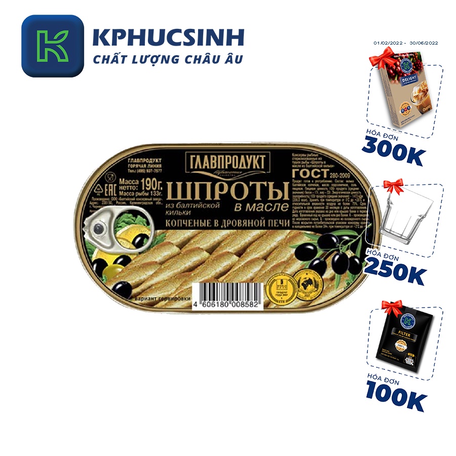 Cá trích ngâm dầu Baltic hun khói đóng hộp ngâm dầu hiệu Glavproduct 190g KPHUCSINH - Hàng Chính Hãng