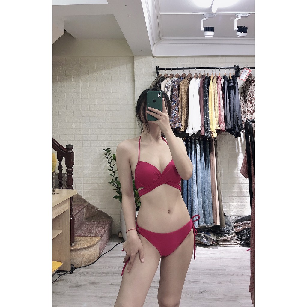 Bikini 2 mảnh áo gọng chéo ngực quần tam giác buộc dây đỏ đô (ảnh thật 100%)