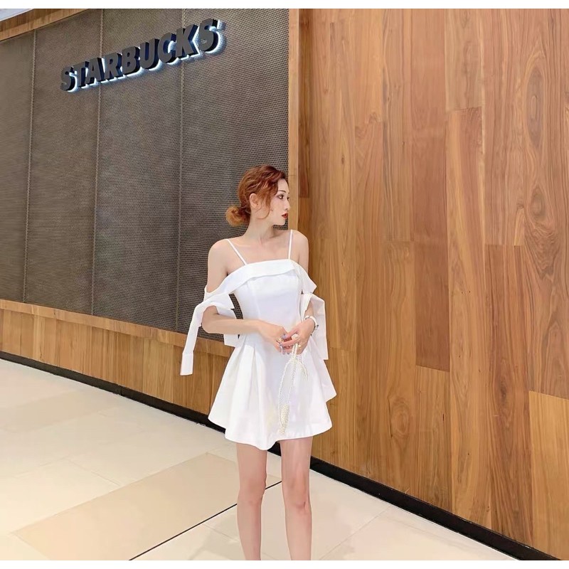 HÀNG SẴN🎀Váy hai dây trễ vai basic đính nơ xoè phong cách Hàn Quốc/ Đầm ulzzang trắng dự tiệc dễ thương nhẹ nhàng