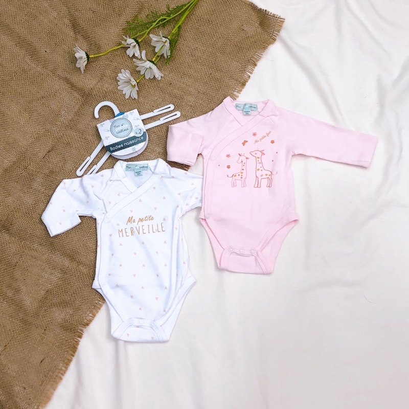 Set 2 body chip, bodysuit cotton dày dặn vạt chéo dài tay Quảng châu cho trẻ thiếu tháng, trẻ sơ sinh 1m,3m,6M-  Kèm móc