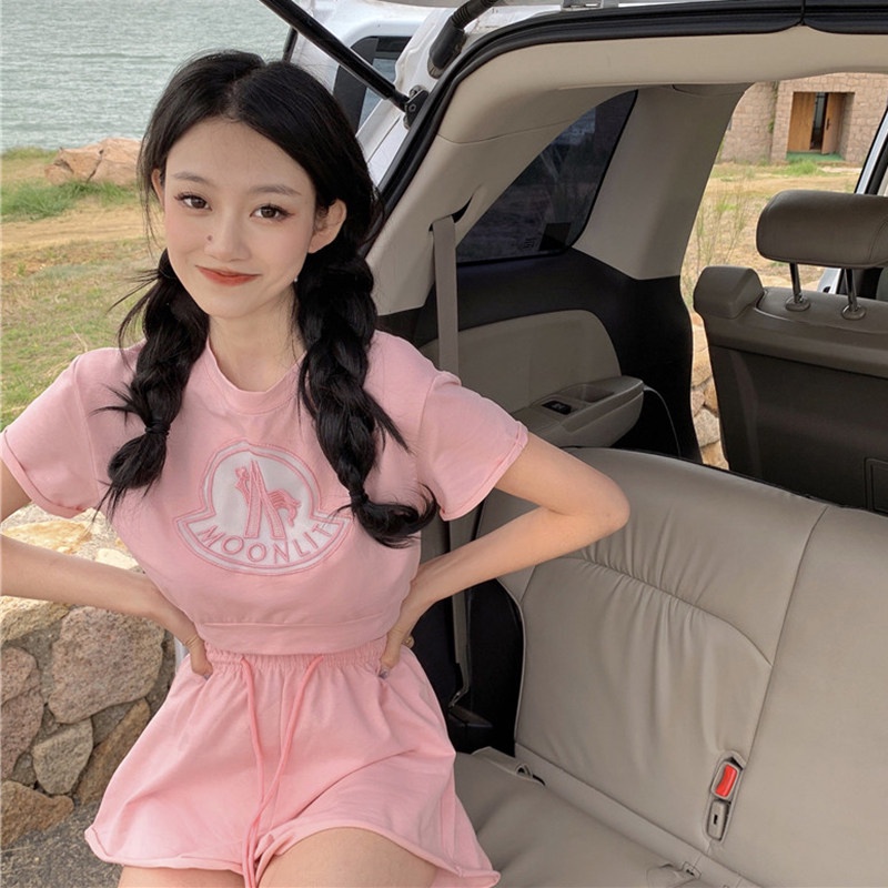 Set Áo Thun Croptop Tay Ngắn + Quần Short Lưng Cao Thời Trang Mùa Hè Cho Nữ