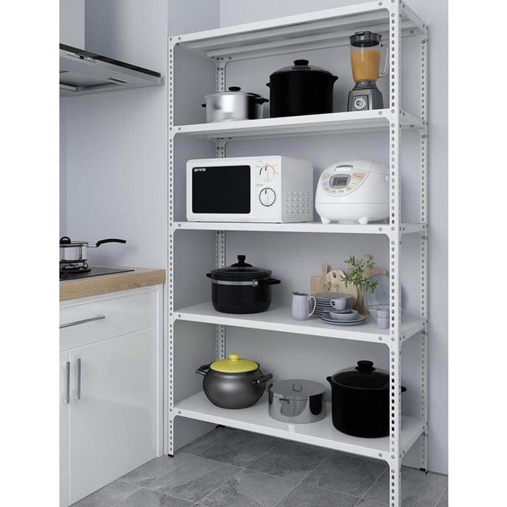 Kệ sắt v lỗ lắp ghép 5 tầng: Dài 1m2 x rộng 40cm x cao 2m x 5 tầng