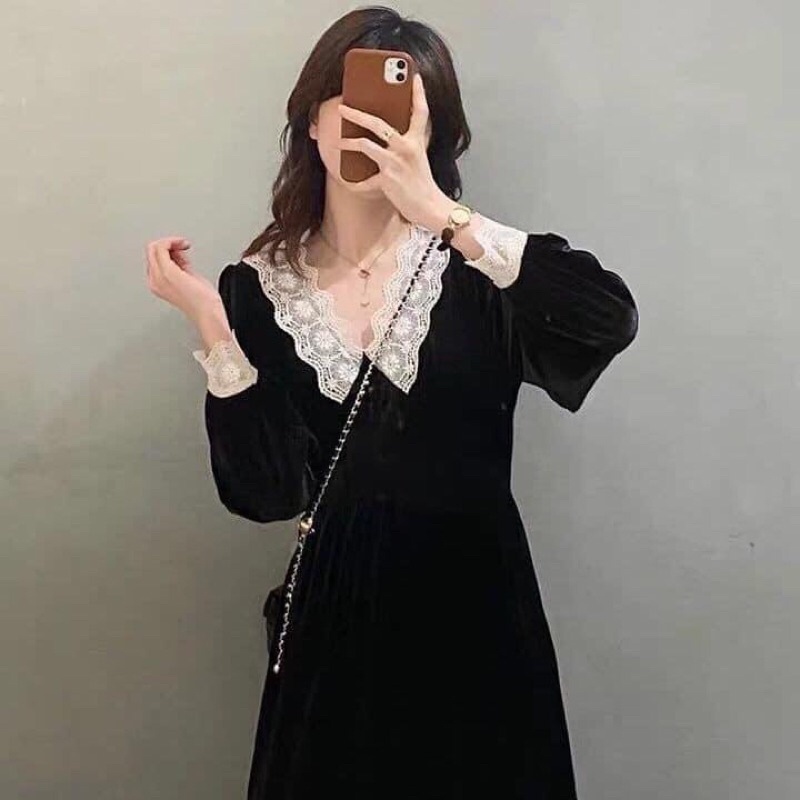 Váy nhung cổ ren siêu sang
