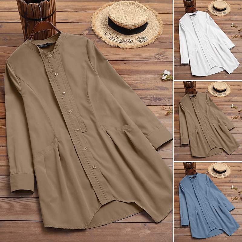 Áo sơ mi Zanzea tay dài vạt không đều có túi dành cho nữ