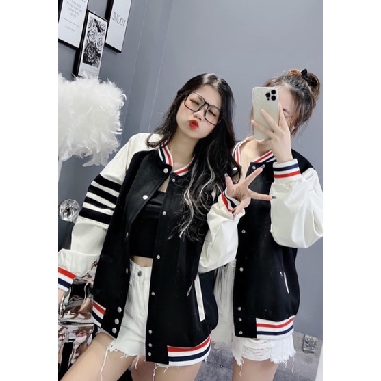 Áo Khoác Bomber Thom Phối 4 Sọc Tay Chất Nỉ Cotton Dày Dặn Phong Cách Cá Tính(Hàng Sẵn) BIGOMALL