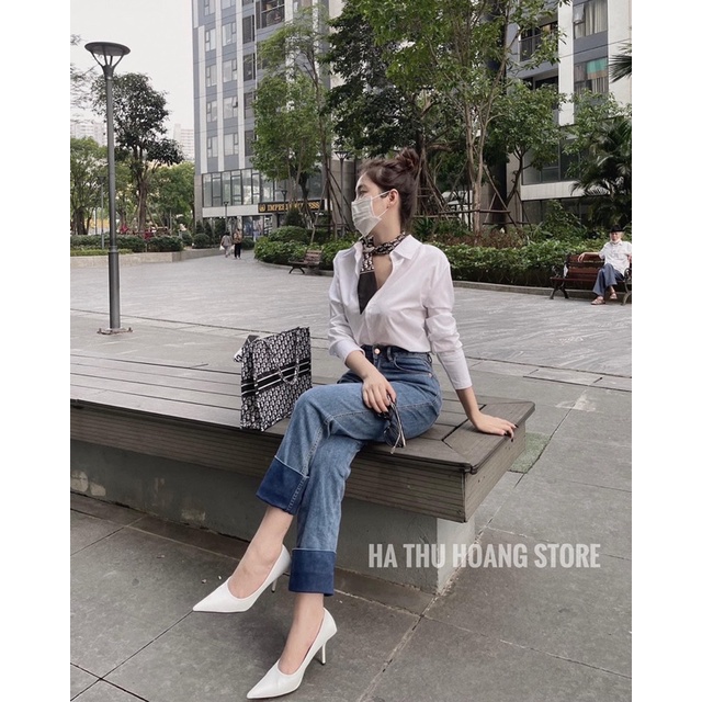 QUẦN JEAN NỮ DÁNG SUÔNG MÀU XANH GẬP GẤU