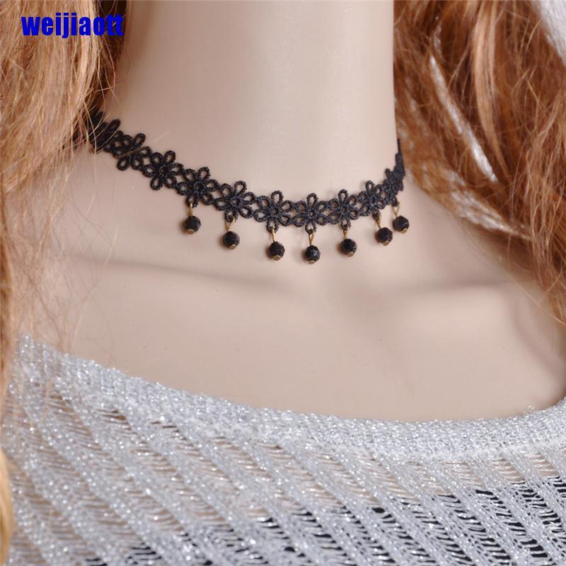 Vòng Cổ Choker Ren Đen Đính Hạt Giả Ngọc Trai Phong Cách Gothic Punk