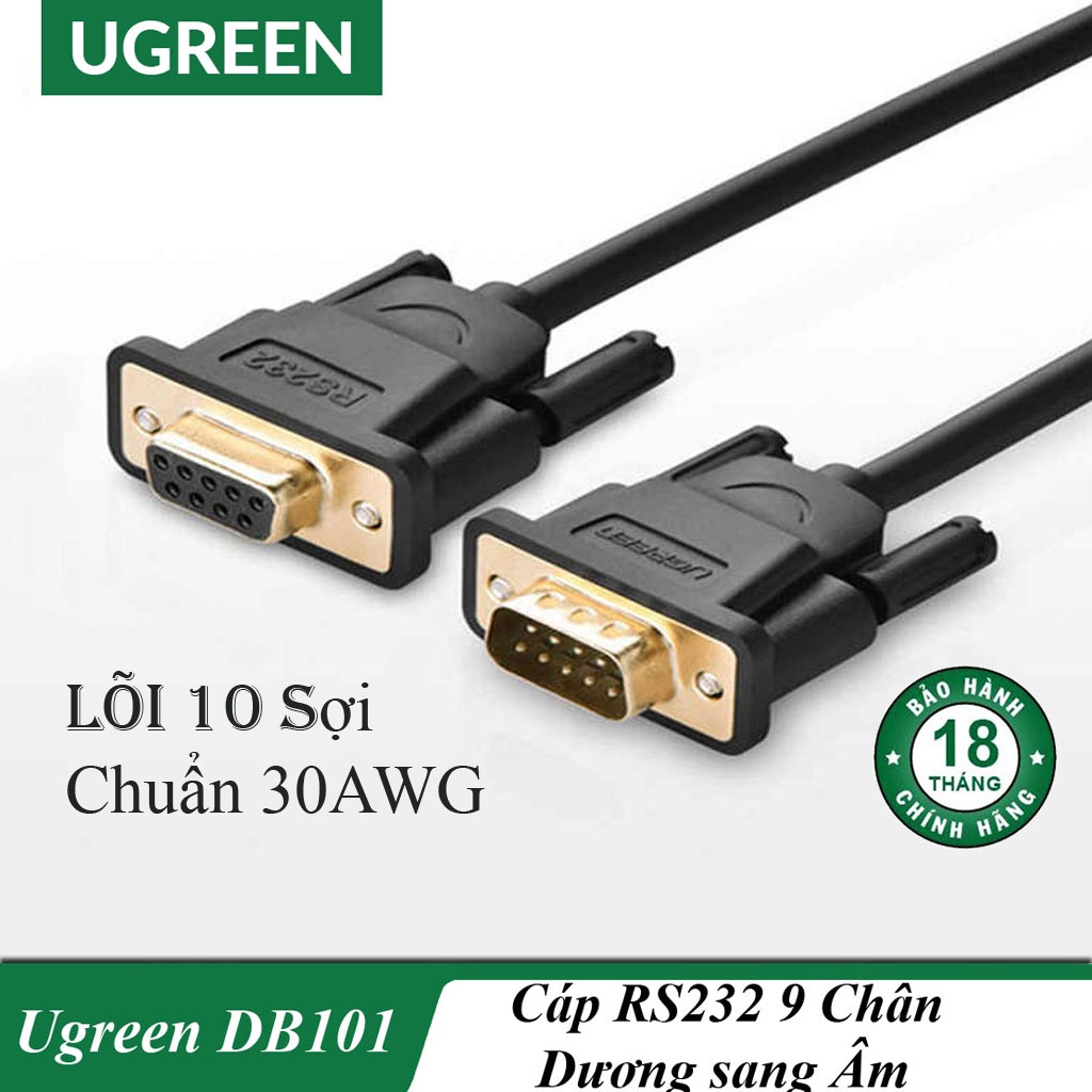 Cáp Nối Cổng Com Rs232 9 Chân Dương Sang Com 9 Chân Âm (9M/9F) Ugreen DB101 Chính Hãng