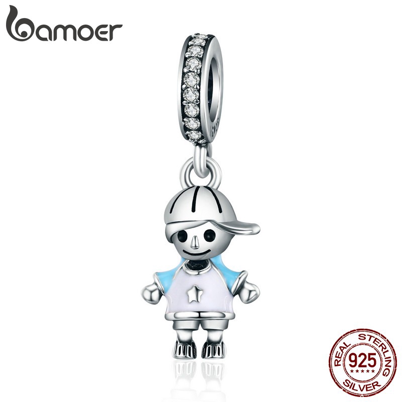 Hạt phụ kiện Bamoer bạc hình bé trai/bé gái dùng để làm trang sức thủ công xinh xắn dễ thương