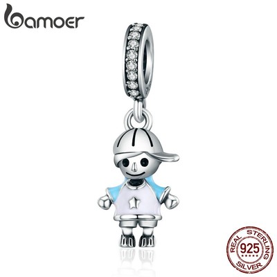 Hạt phụ kiện Bamoer bạc hình bé trai/bé gái dùng để làm trang sức thủ công xinh xắn dễ thương