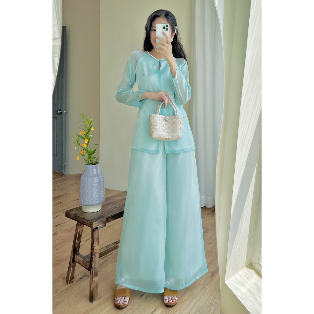 Sumire Store Quần Áo dài organza dây kéo ống rộng Vân Chi - 07 màu