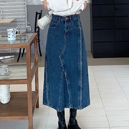 Chân váy jean kaki cạp cao dài qua gối, chân váy midi tua viền phong cách Ulzzang_a16