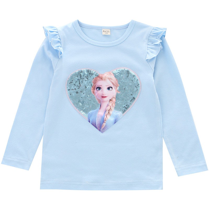 DISNEY Áo Thun Tay Dài In Hình Công Chúa Elsa Đính Kim Sa Thời Trang Cho Bé Gái 1-8 Tuổi