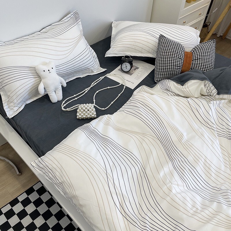 Bộ vỏ chăn ga gối 4 món Cotton Poly vân trắng (Ảnh thật ở phía cuối)