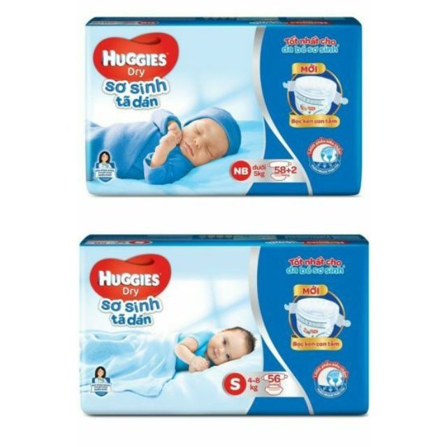 Tã dán sơ sinh Huggies size Newborn 58+2 và S 56 miếng,newborn 74 miếng