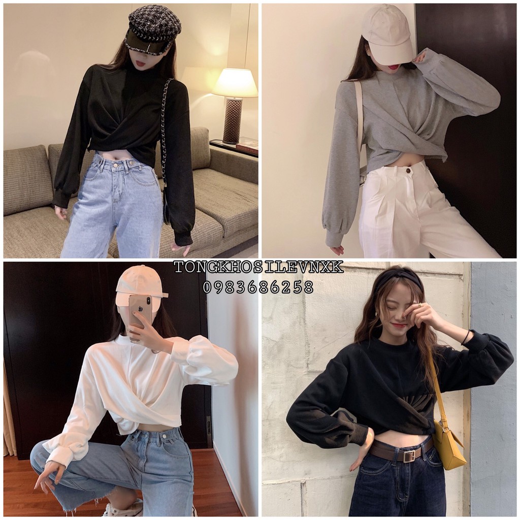 [ Mã WASTAPR giảm 10K đơn 50K] ÁO CROPTOP NỈ XOẮN EO DÀI TAY XÁM ĐEN TRẮNG BASIC - ÁO SWEATER TAY DÀI XOẮN EO 3 MÀU HOT