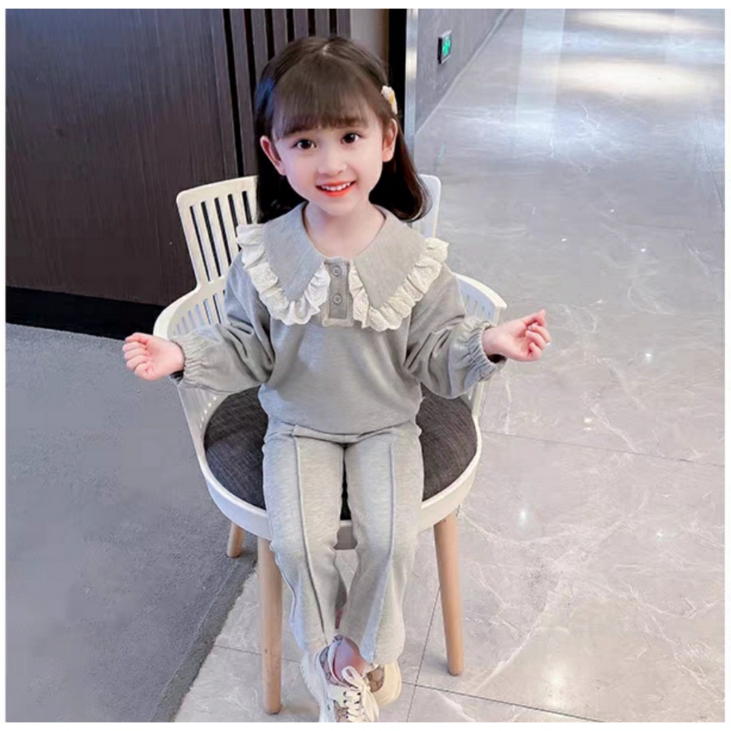 Bộ bé gái dài tay quần ống loe thu đông cổ bèo cao cấp cho bé từ 8-22kg