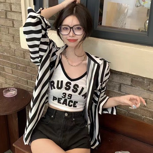 Set 3 món khoác kẻ mix áo 2 dây kèm quần short đùi siêu chất BN120