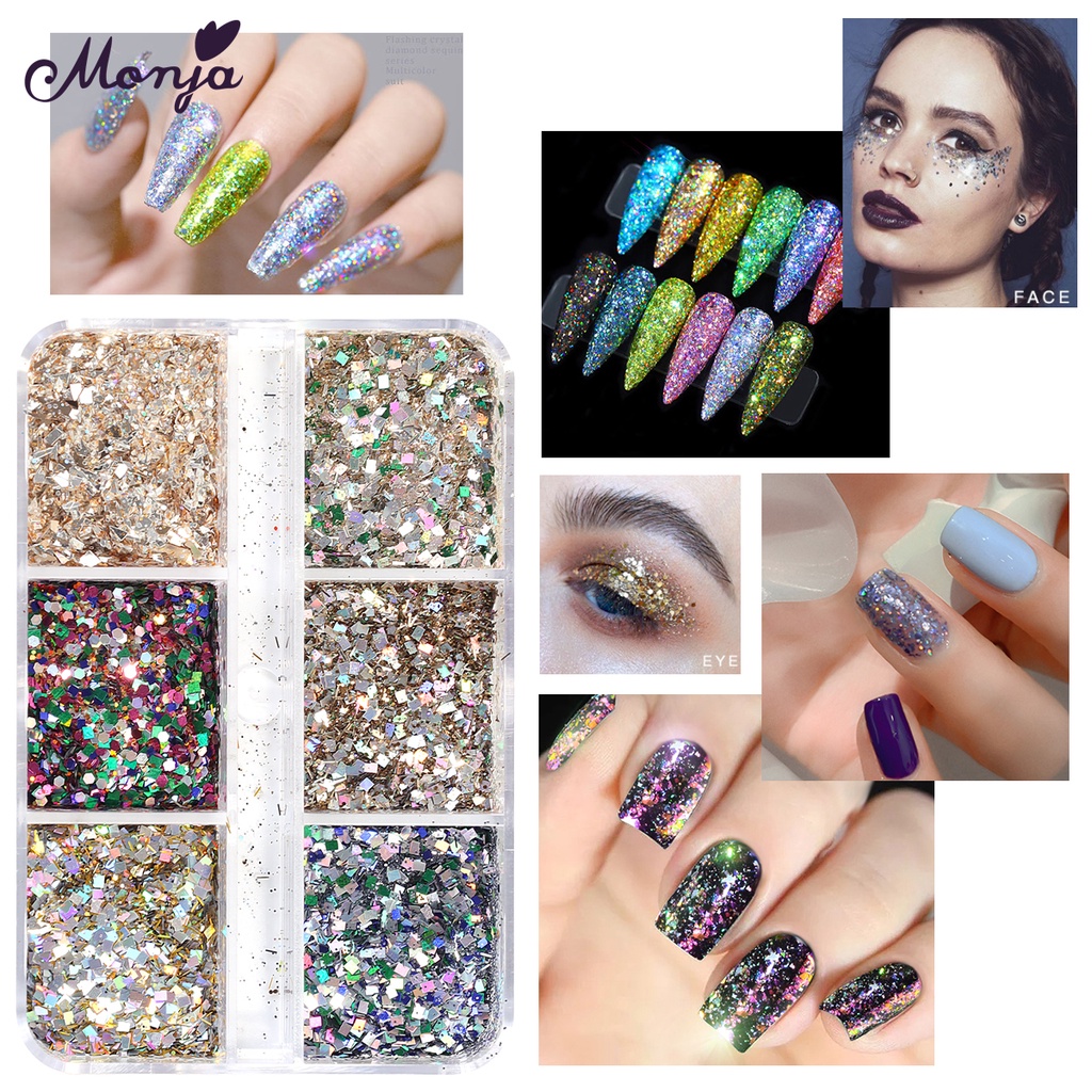 Hộp 6 ngăn đựng phụ kiện trang trí móng tay Monja nghệ thuật kim tuyến lấp lánh cực quang laze cho salon / nhà ở DIY