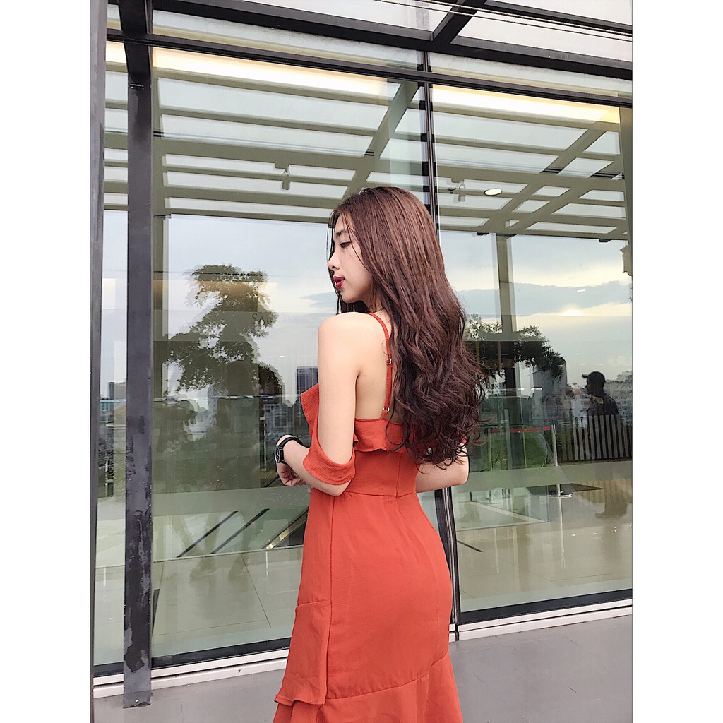 Đầm 2 dây bèo rớt vai - trơn
