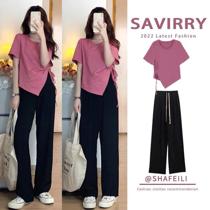 Set đồ 2 món gồm áo kẻ sọc ngang và quần dài ống rộng phong cách Nhật Bản thời trang mùa hè 2022 cho nữ