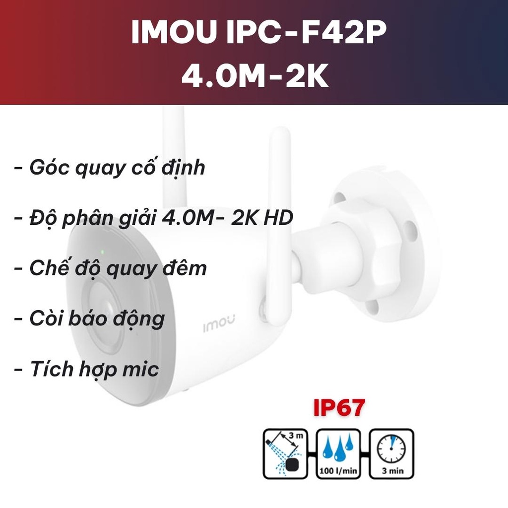 Camera imou IPC F42P, Camera Wifi ngoài trời Dahua, 2K - 4.0Mp, Chống nước,chống bụi, Chuẩn IP67
