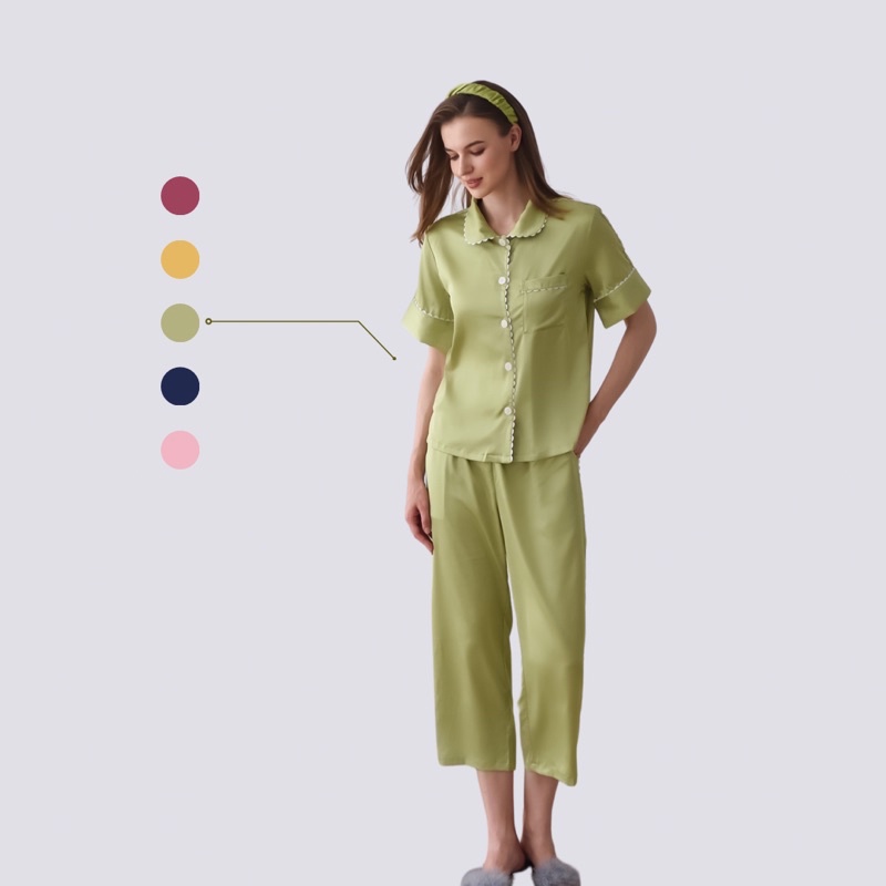 Bộ Đồ Pyjama Nữ LILAS BLANC Lụa Mịn Cao Cấp Tay Cộc Quần Dài Phối Viền MOLLY01