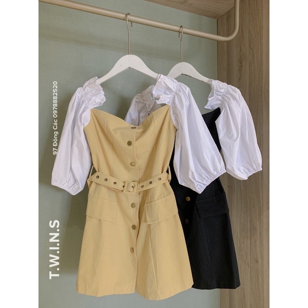 Váy kaki phối tay chun kèm belts