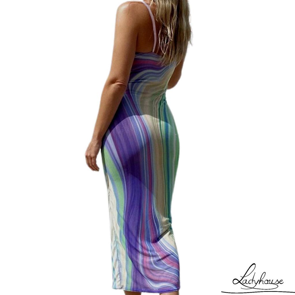 Đầm hai dây cổ chữ V màu sắc tương phản thời trang dành cho nữ