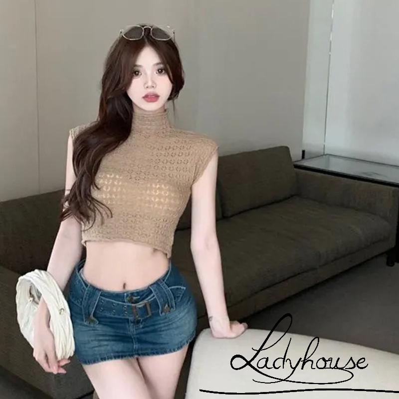 Áo Dệt Kim Mỏng Tay Ngắn Cổ Cao Phong Cách Hàn Quốc Thời Trang Cho Nữ