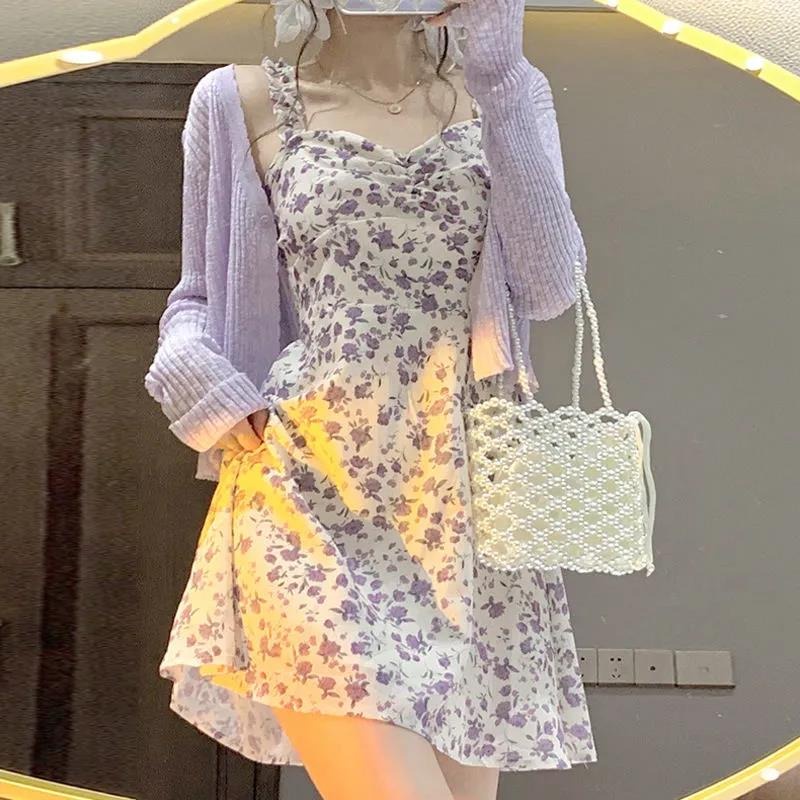 Đầm hai dây họa tiết hoa ZHELIHANGFEI / Áo khoác cardigan ZHELIHANGFEI dệt kim thời trang xinh xắn cho nữ