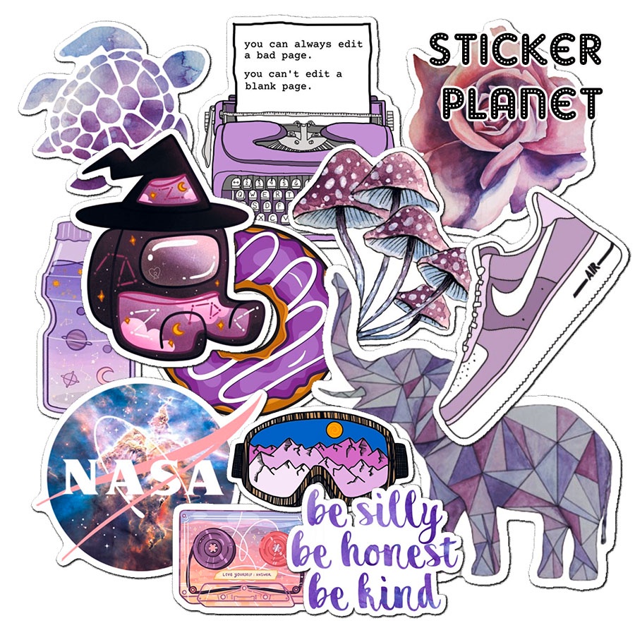 Bộ sticker chống thấm nước trang trí mũ bảo hiểm, đàn, guitar, ukulele, điện thoại laptop chủ đề màu tím