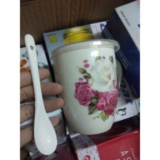 Bộ ly sứ kèm muỗng, ly sứ quai cầm có nắp đậy kèm muỗng sứ, ly uống nước