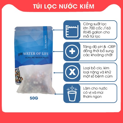 Túi lọc nước kiềm pH-WATER-OF-LIFE, đá khoáng tạo nước ion kiềm, lõi lọc chai nước kiềm