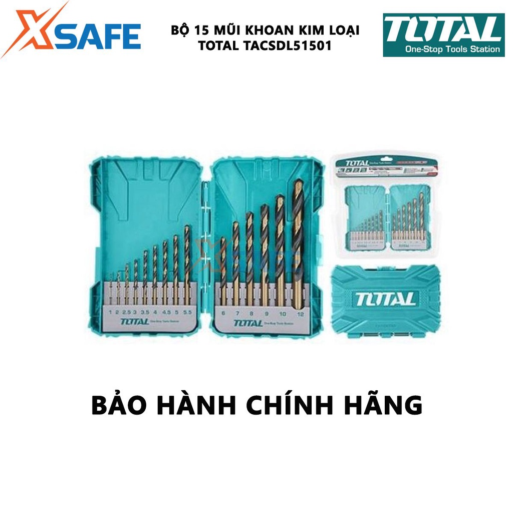 Bộ 15 mũi khoan kim loại TOTAL TACSDL51501 Combo 15 mũi khoan HSS kích thước từ 1-12mm, chịu lực chịu nhiệt tốt
