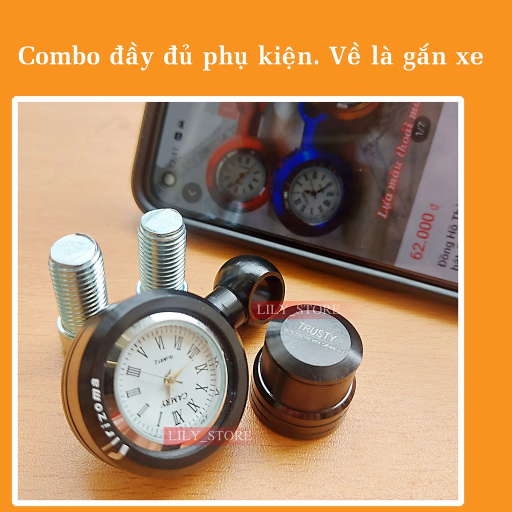 Đồng hồ gắn chân gương xe máy tặng kèm ốc chân kính và pin dự phòng